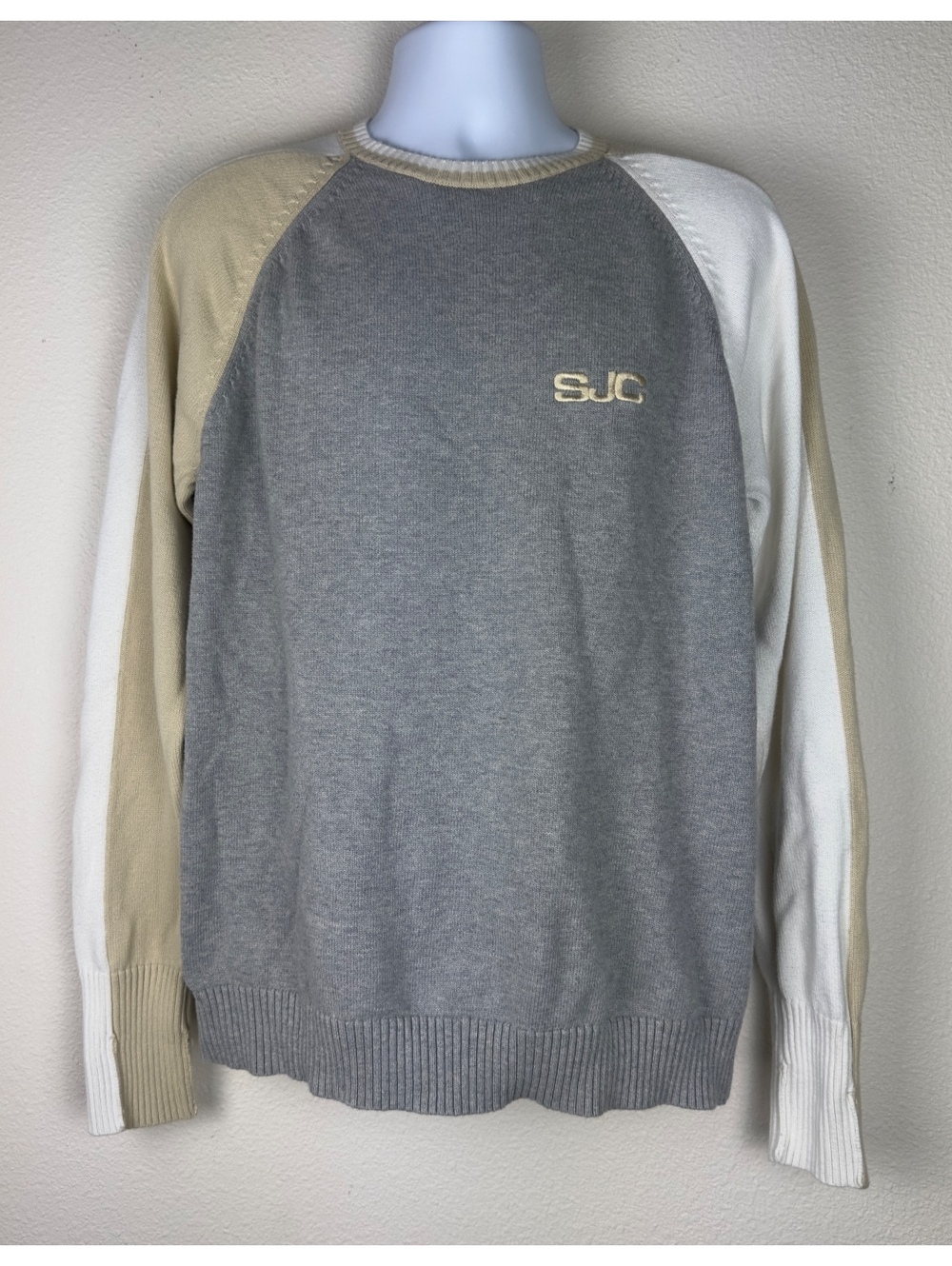 SJC 69 Colorblock Knit Sweater Gray Cream Y2K Preppy Raglan Pullover